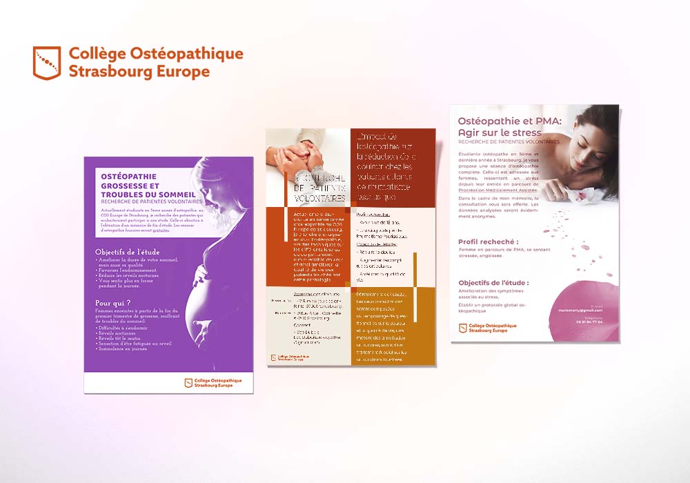 couverture projet graphique - flyers pour recrutement de patients volontaires en recherche ostéophatique